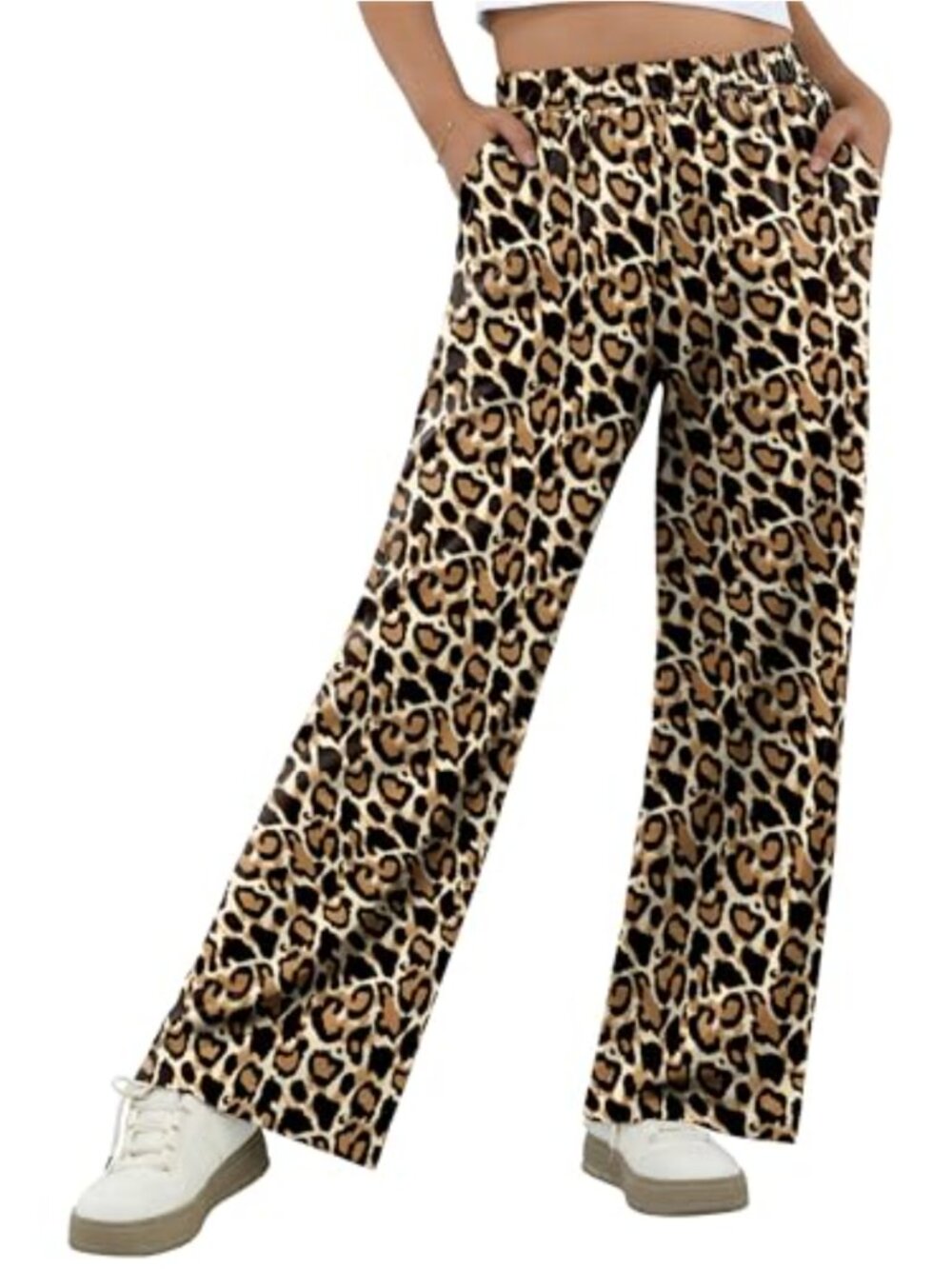 Wide Leg Animal Print Casual Pants with Pockets Elastic Waist Pull On